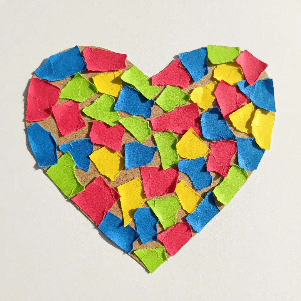 A large heart shape filled with torn pieces of construction paper in many bright, contrasting colors.