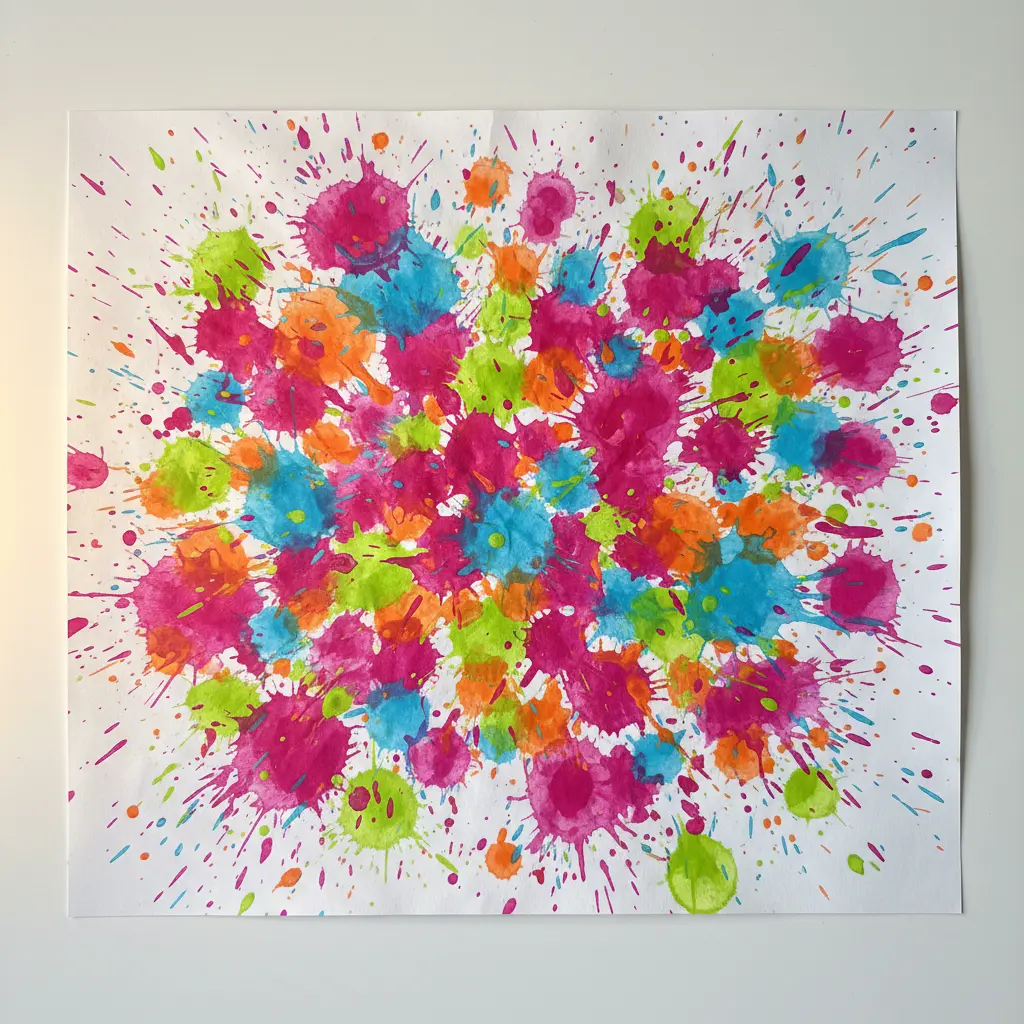 A large sheet of paper covered in bright splatters created by popping water balloons filled with paint.