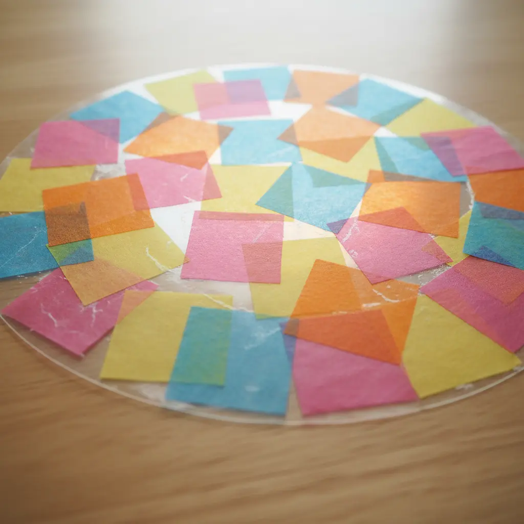 A clear plastic sheet with layered tissue paper confetti pieces hanging against a window with light shining through.
