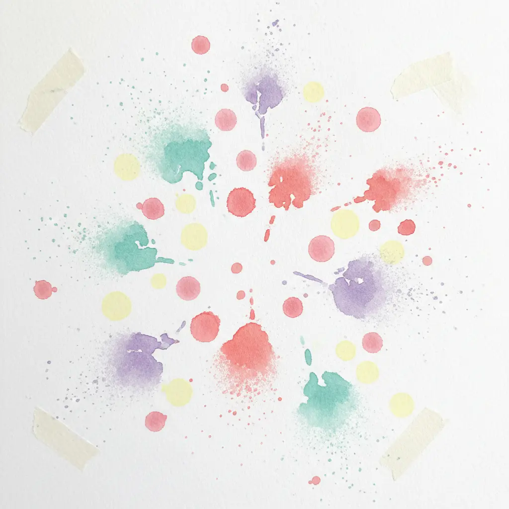 A piece of paper showing a bold stencil outline surrounded by misty watercolor sprays in multiple colors.