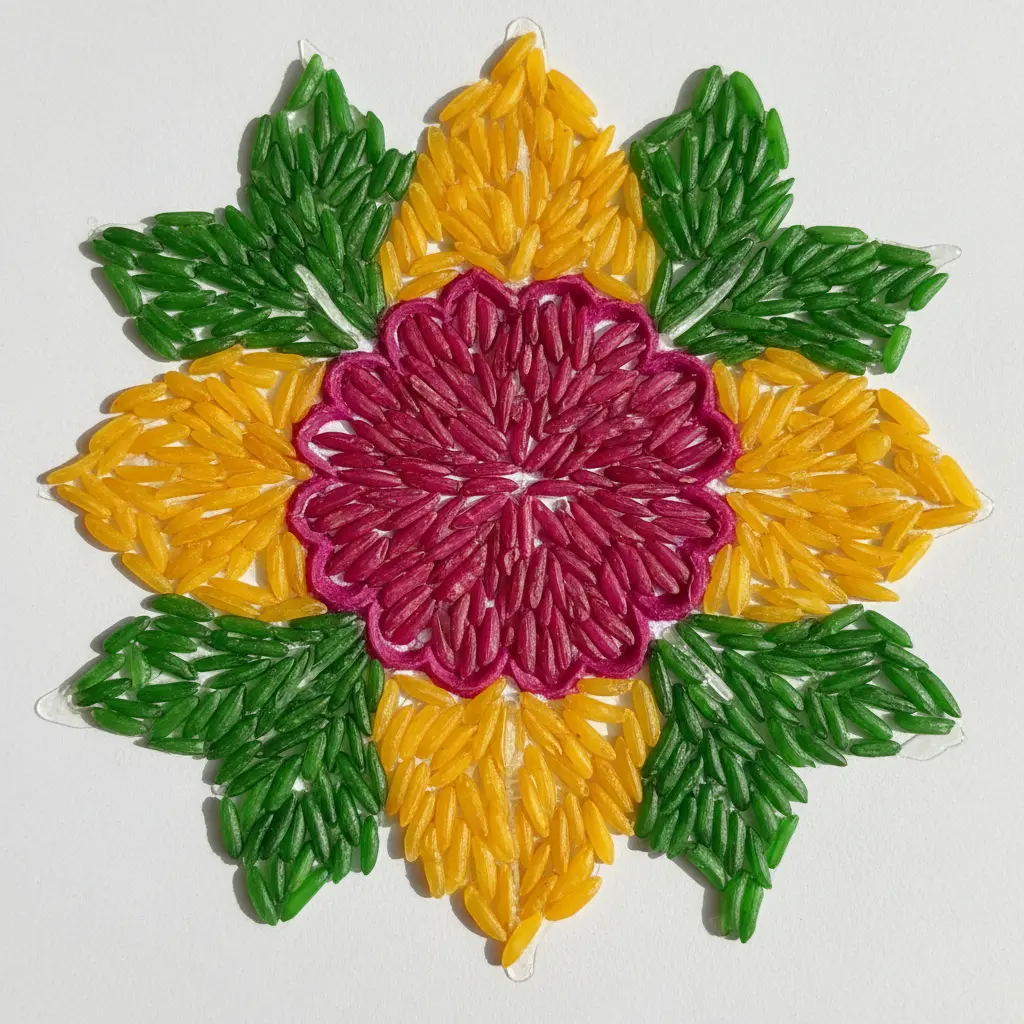 A paper plate displaying a symmetrical rangoli pattern made with grains of dyed rice in pink, yellow, and green.