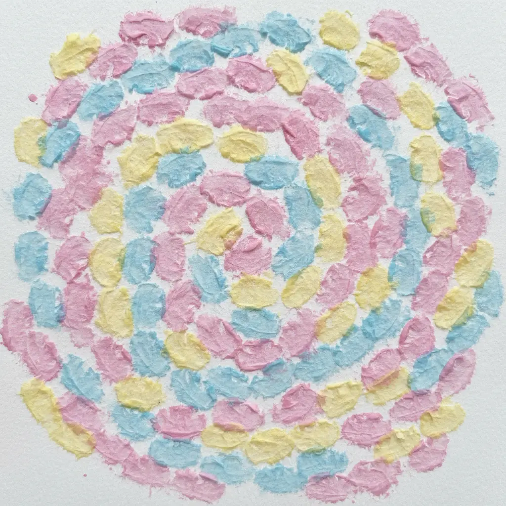 A white paper filled with fluffy dabs of pink, blue, and yellow paint applied using cotton balls.