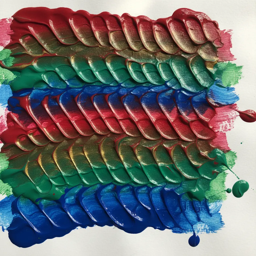A sheet of paper covered in thick, parallel stripes of rainbow paint dragged with a plastic fork.