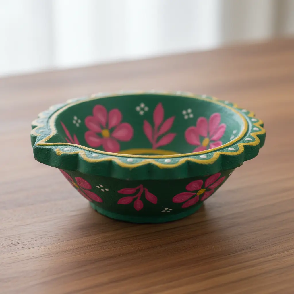 A small clay diya painted with green, pink, and yellow patterns and a golden rim.