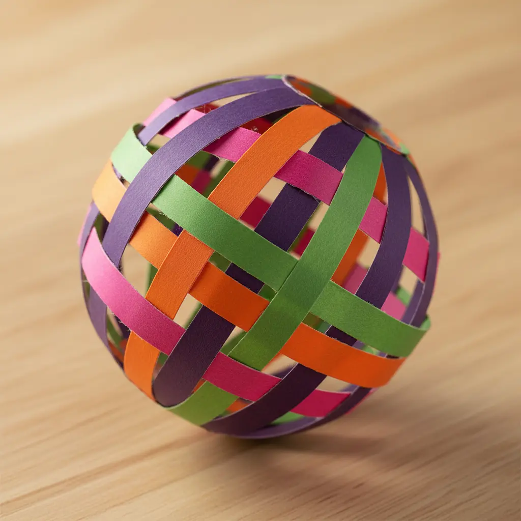 A hanging lantern made of interwoven paper strips in purple, pink, orange, and green.