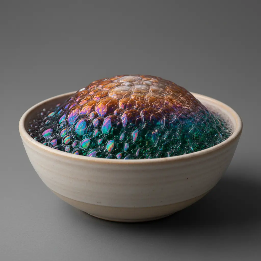 Durable, perfectly spherical bubbles reflecting rainbow colors on green grass.