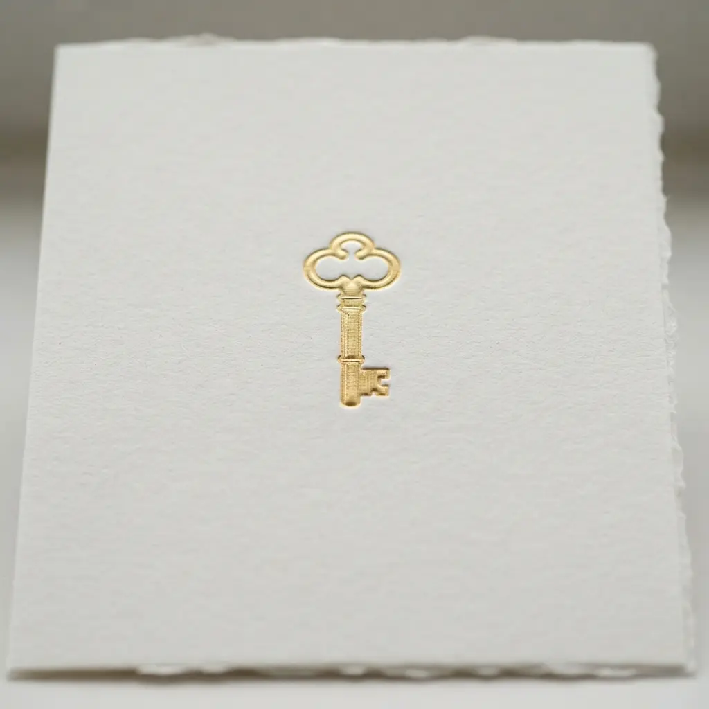 A white invitation card with a simple, elegant gold foil key symbol centered on the front.