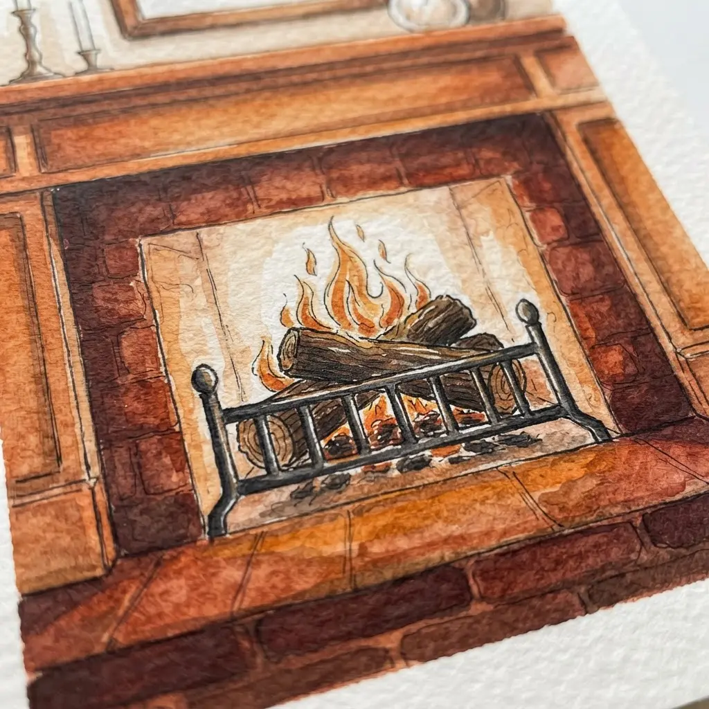 A cozy invitation with a detailed illustration of a crackling fireplace in a living room setting.