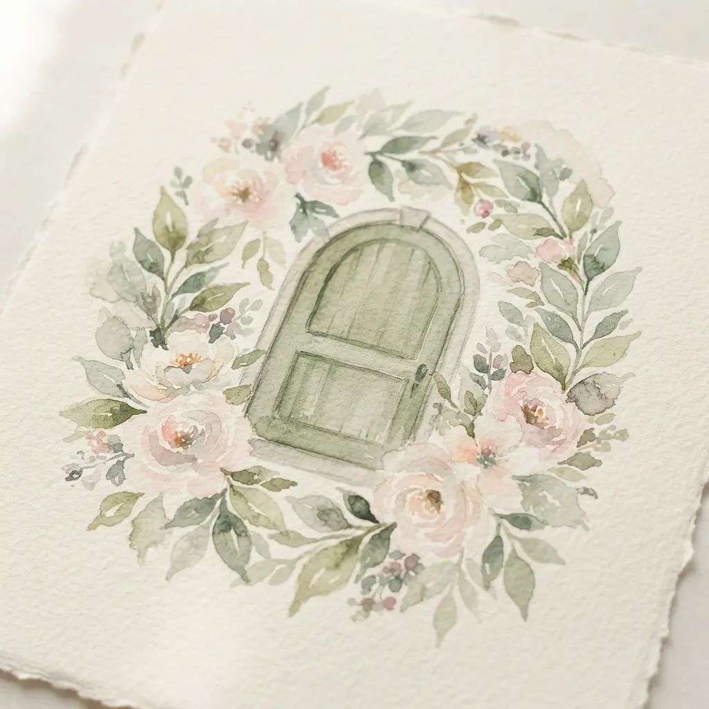 A delicate watercolor illustration of a front door with a floral wreath on a textured paper invitation.