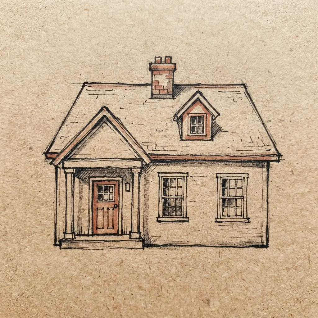 A rustic invitation featuring a simple black line drawing of a house on a kraft paper background.