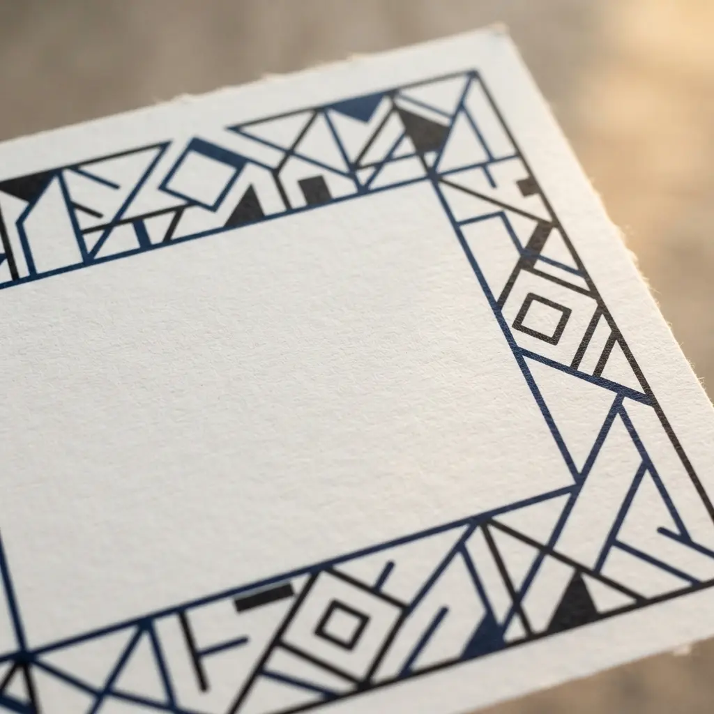 A modern invitation with clean geometric lines and shapes forming a frame around the address details.