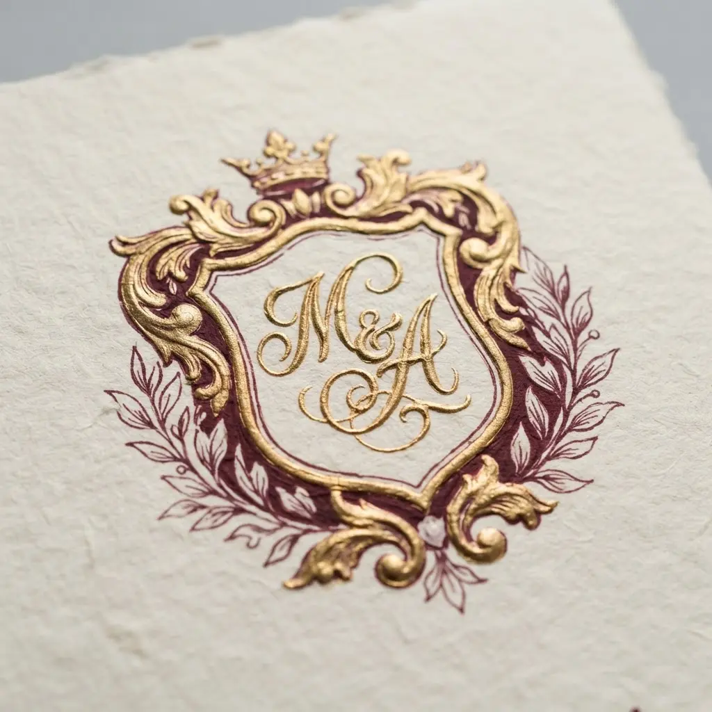 An elegant cream-colored card with an ornate script monogram or crest design in the center.