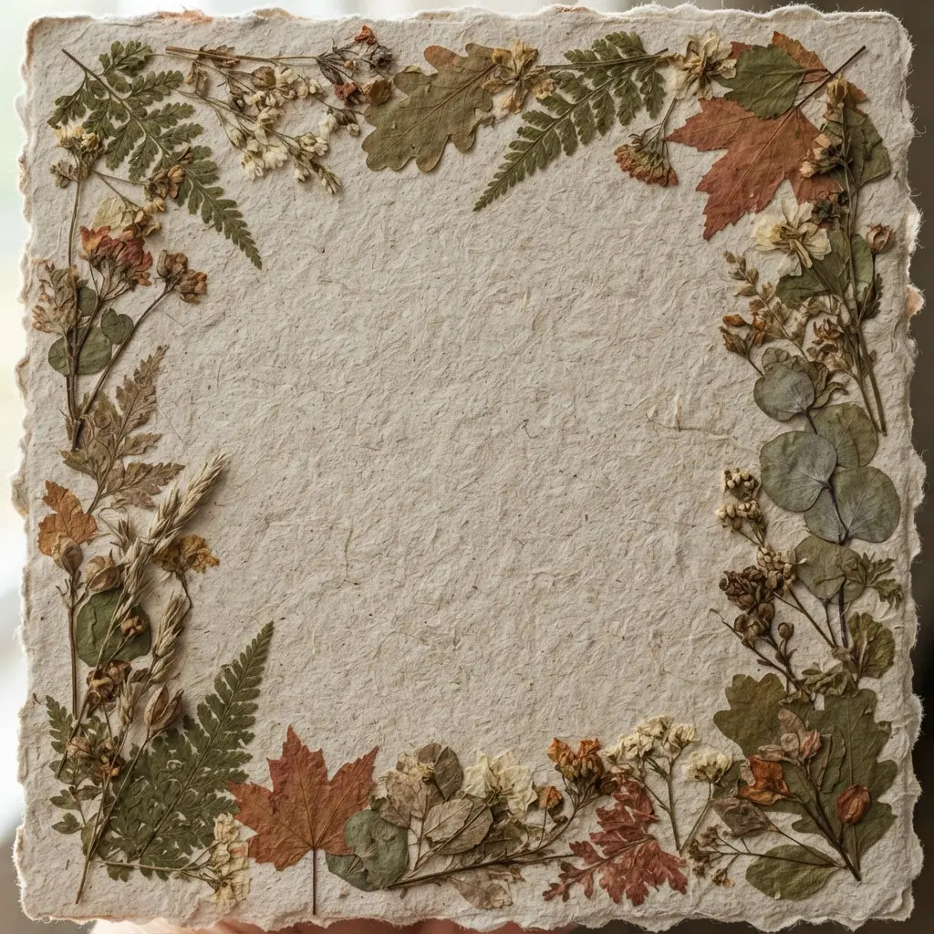 A bohemian-inspired card with a border made from real dried botanical specimens pressed onto the paper.
