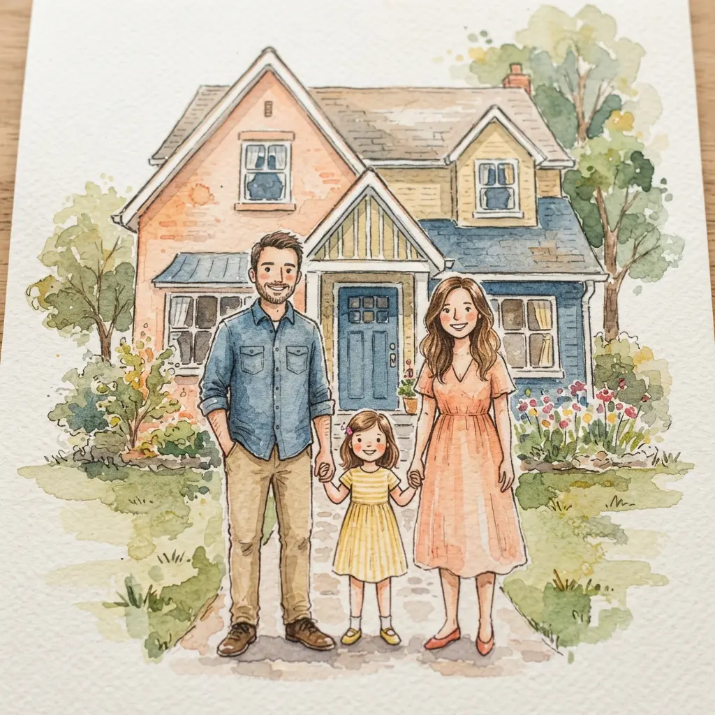A playful, custom-drawn illustration of a family or couple in front of their new home on an invitation.