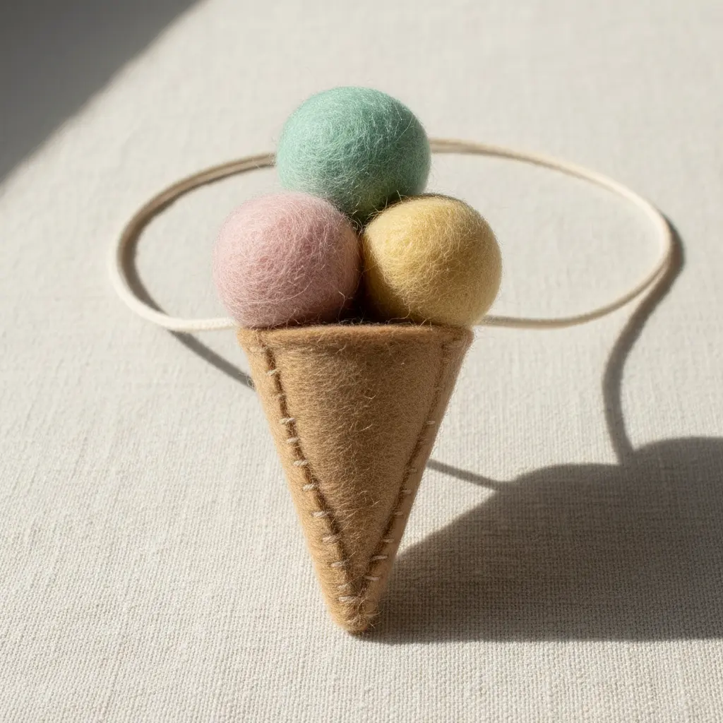 A soft felt ice cream cone pendant with three colorful pom-pom scoops on a cord.