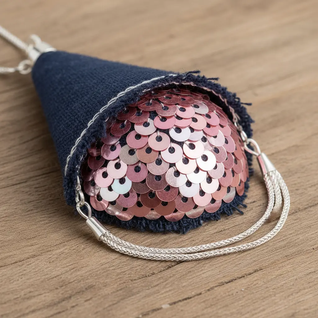 A brown fabric cone holding a pink fabric scoop decorated with sparkling sequins.