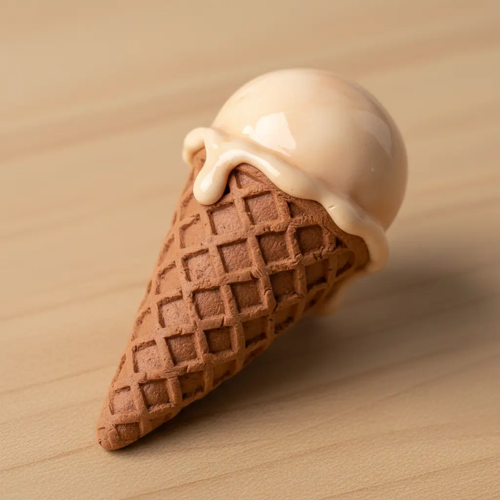 A brown polymer clay pendant shaped like a textured waffle cone holding a pink scoop.