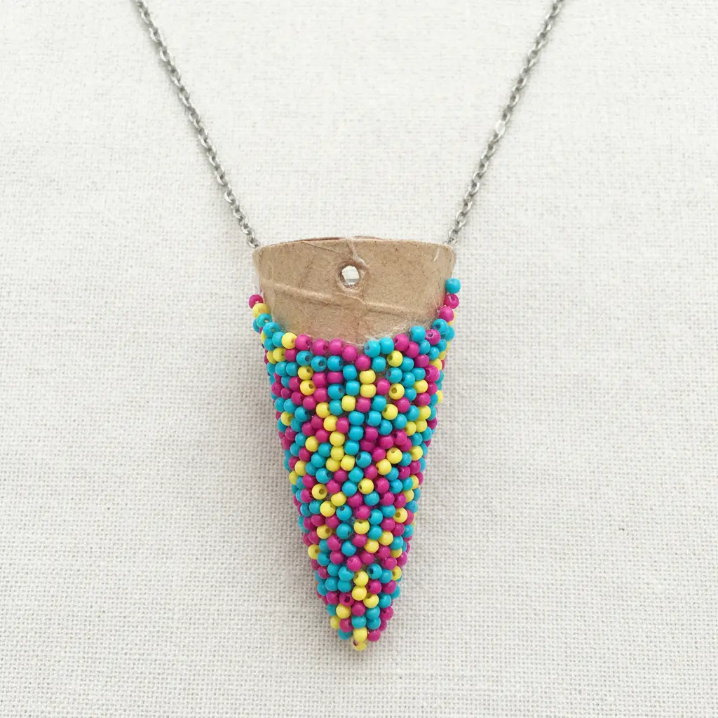 A bright cardstock ice cream cone pendant covered in multicolored seed bead sprinkles.