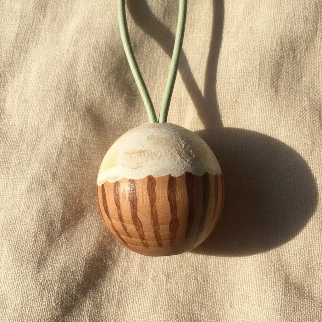 A round wooden bead painted with a brown cone and a white scoop on a leather cord.