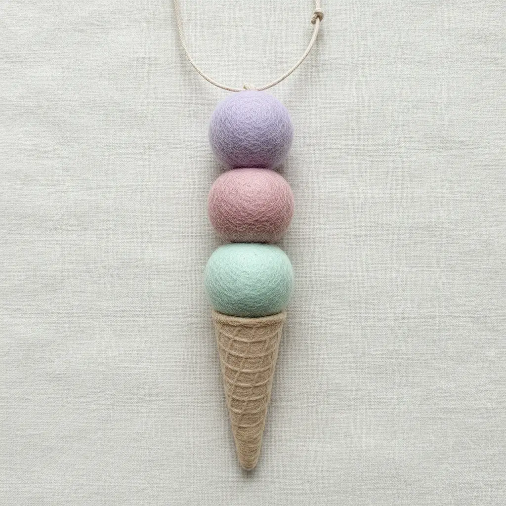 A tall felt cone with three pastel felt ball scoops in mint, pink, and yellow.