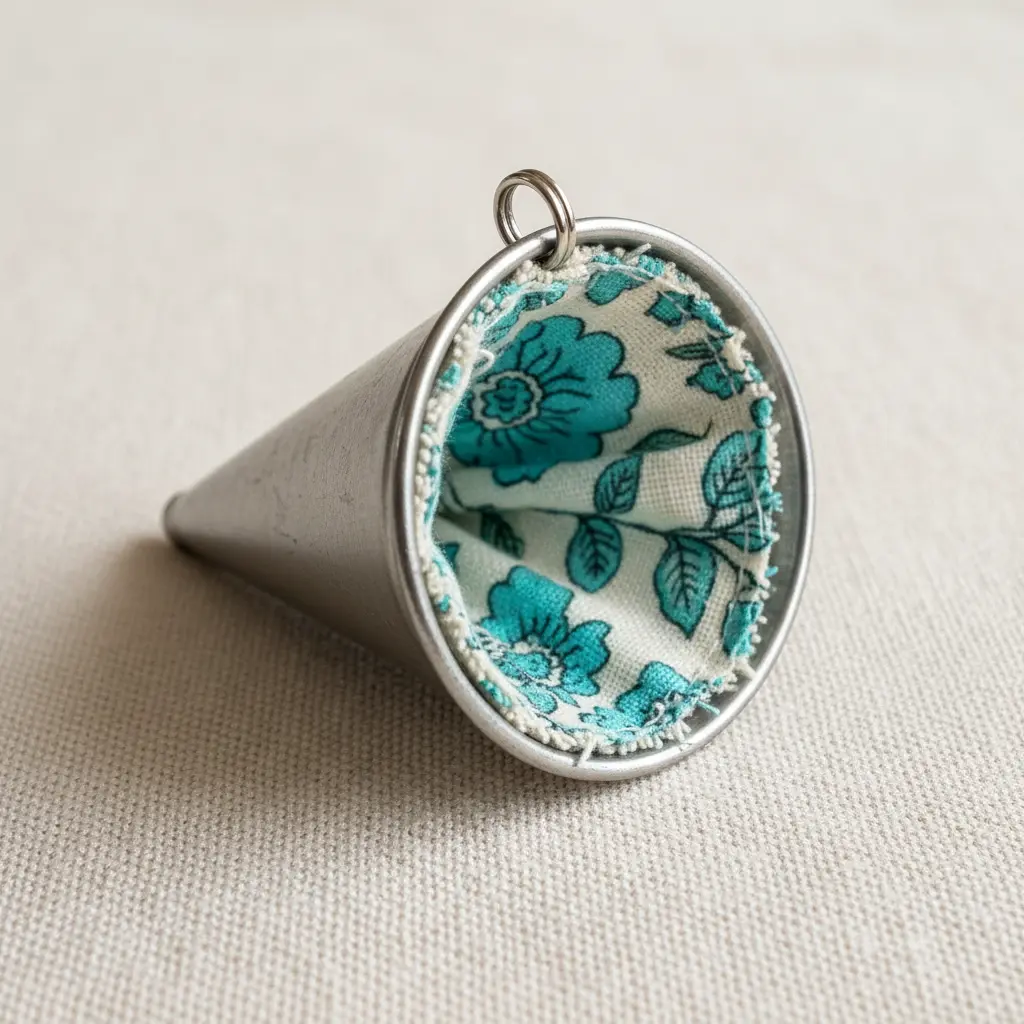 A small silver funnel lined with patterned fabric to resemble a miniature ice cream cone.