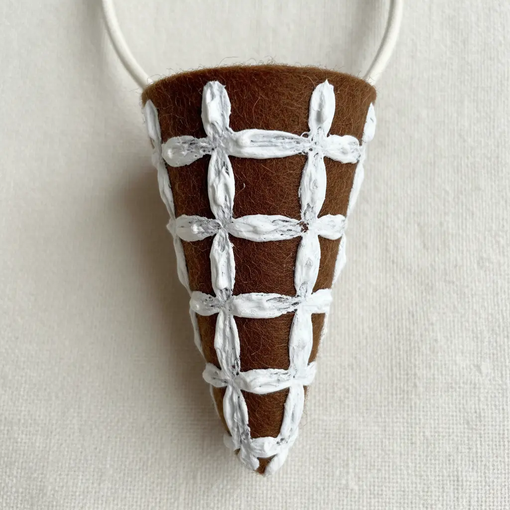 A felt cone pendant with a detailed, raised waffle pattern drawn in brown puffy paint.