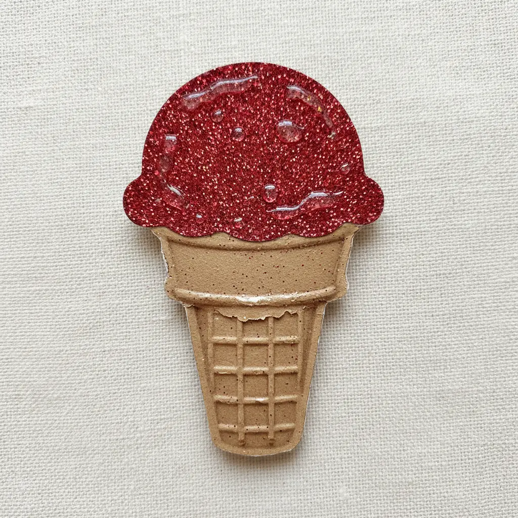 A glittery red cardstock scoop atop a brown cardstock cone pendant on a chain.