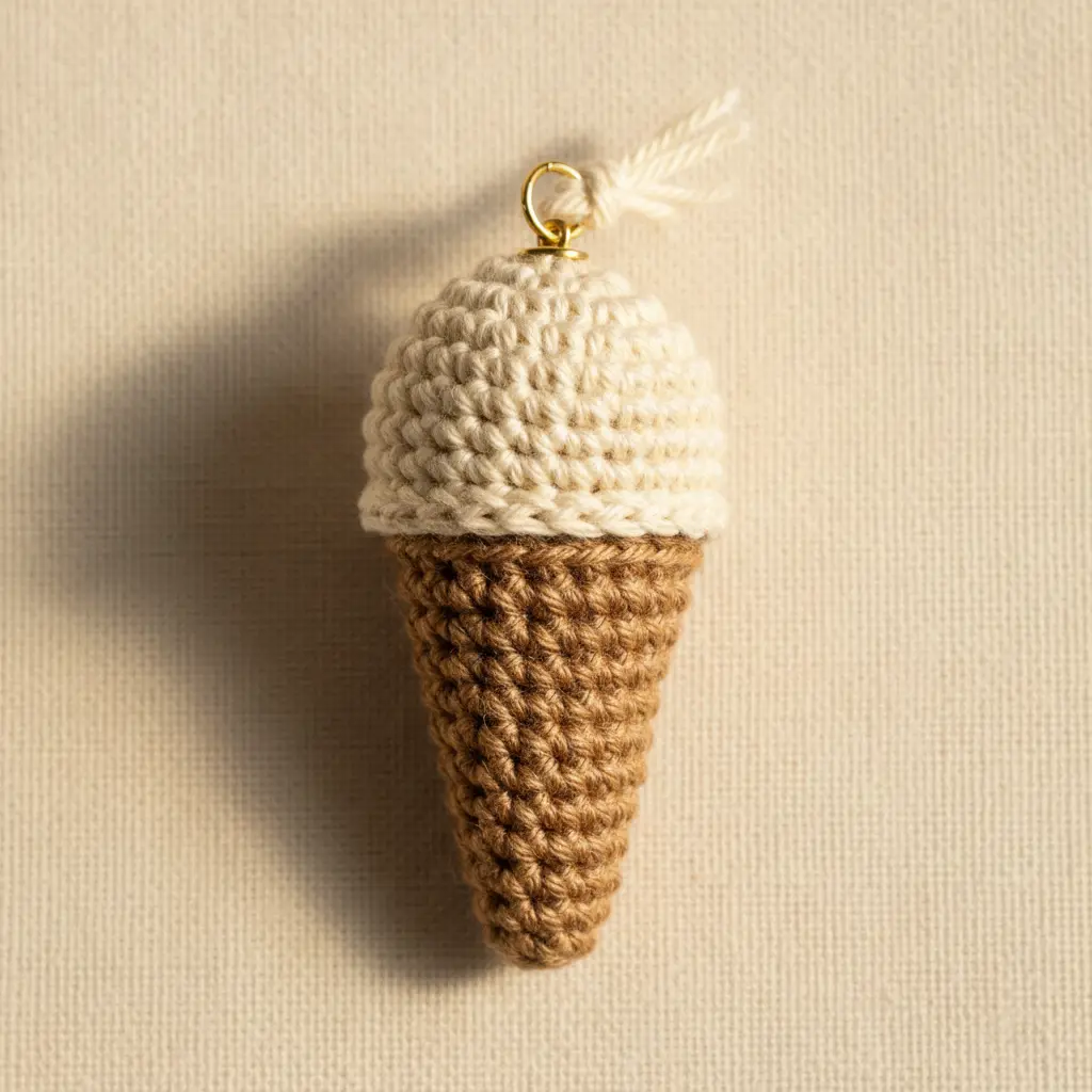 A miniature cream-colored crochet scoop sitting on a brown crochet cone pendant.