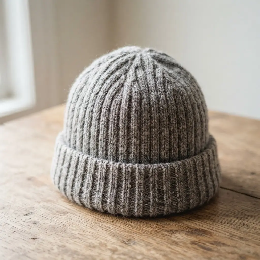 A hand-knitted beanie with vertical ribbing in a heathered gray merino wool, showcasing its stretch and texture.