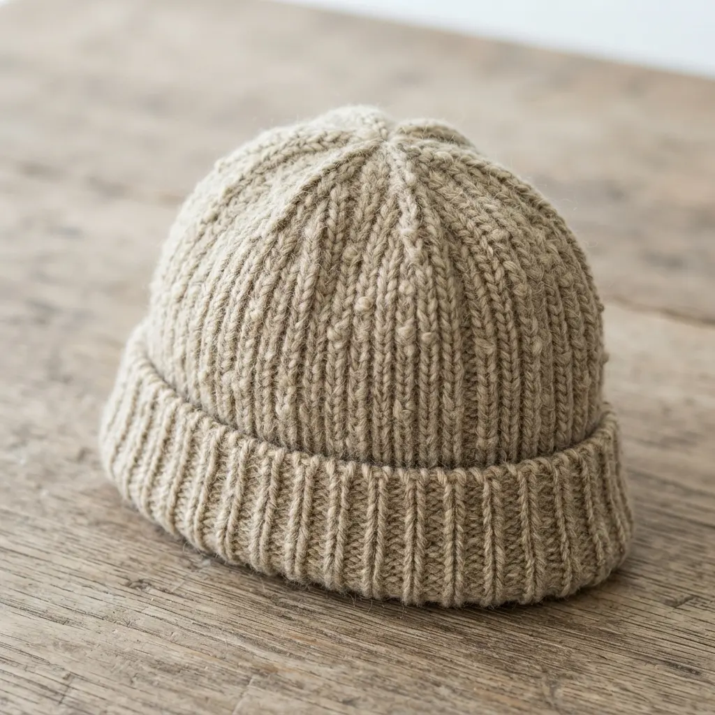 A soft beige beanie with a subtle, nubby texture created by a broken rib stitch pattern.