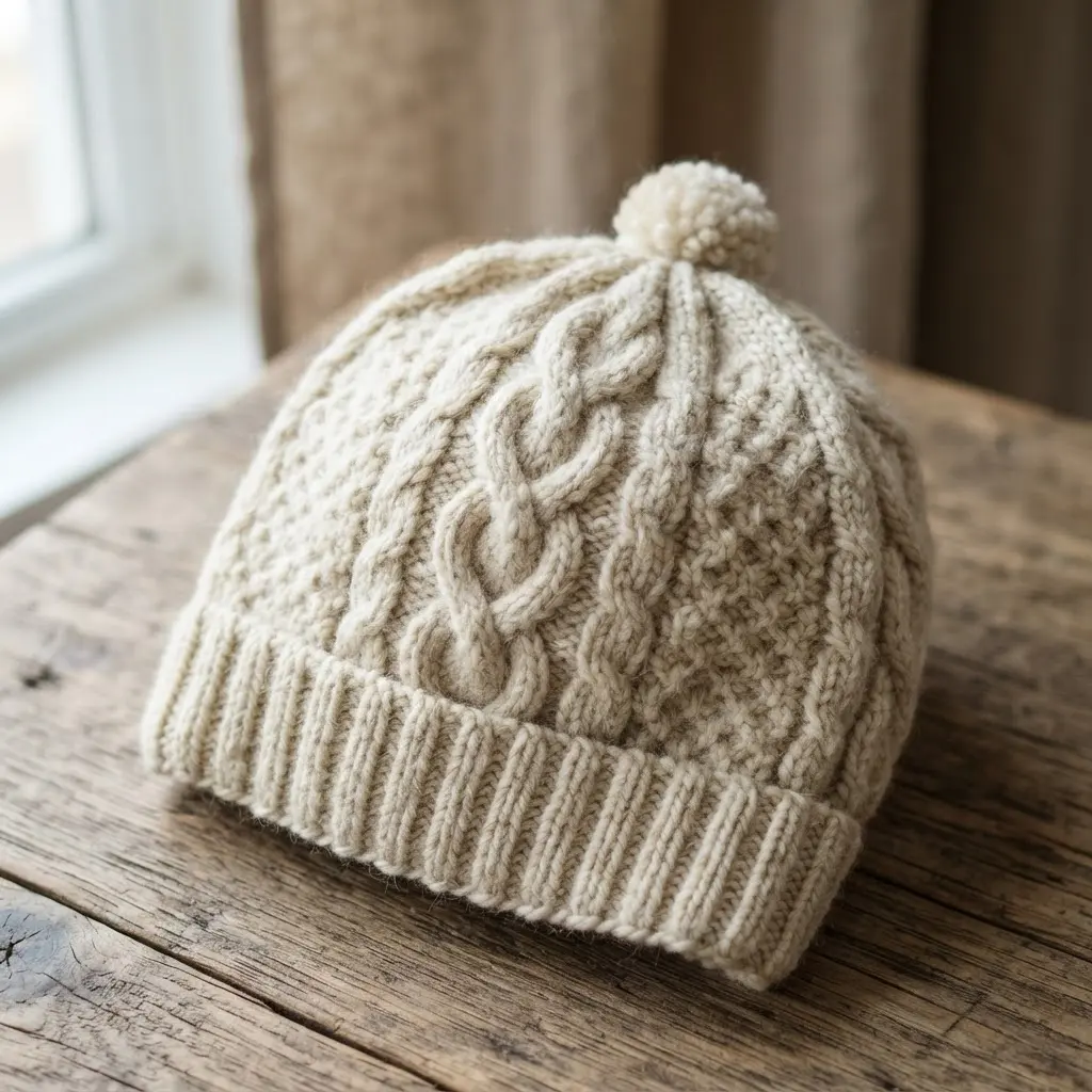 A cream-colored knitted beanie featuring intertwined cable patterns against a textured background stitch.