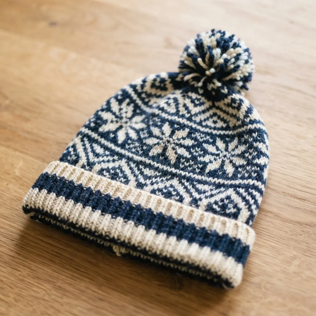 A knitted winter hat with a repeating geometric fair isle pattern in contrasting cream and navy blue yarns.