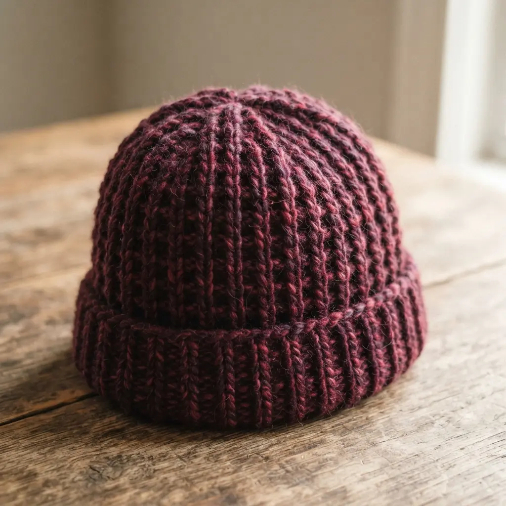 A deep burgundy beanie with a pronounced, grid-like waffle stitch texture created with bulky yarn.