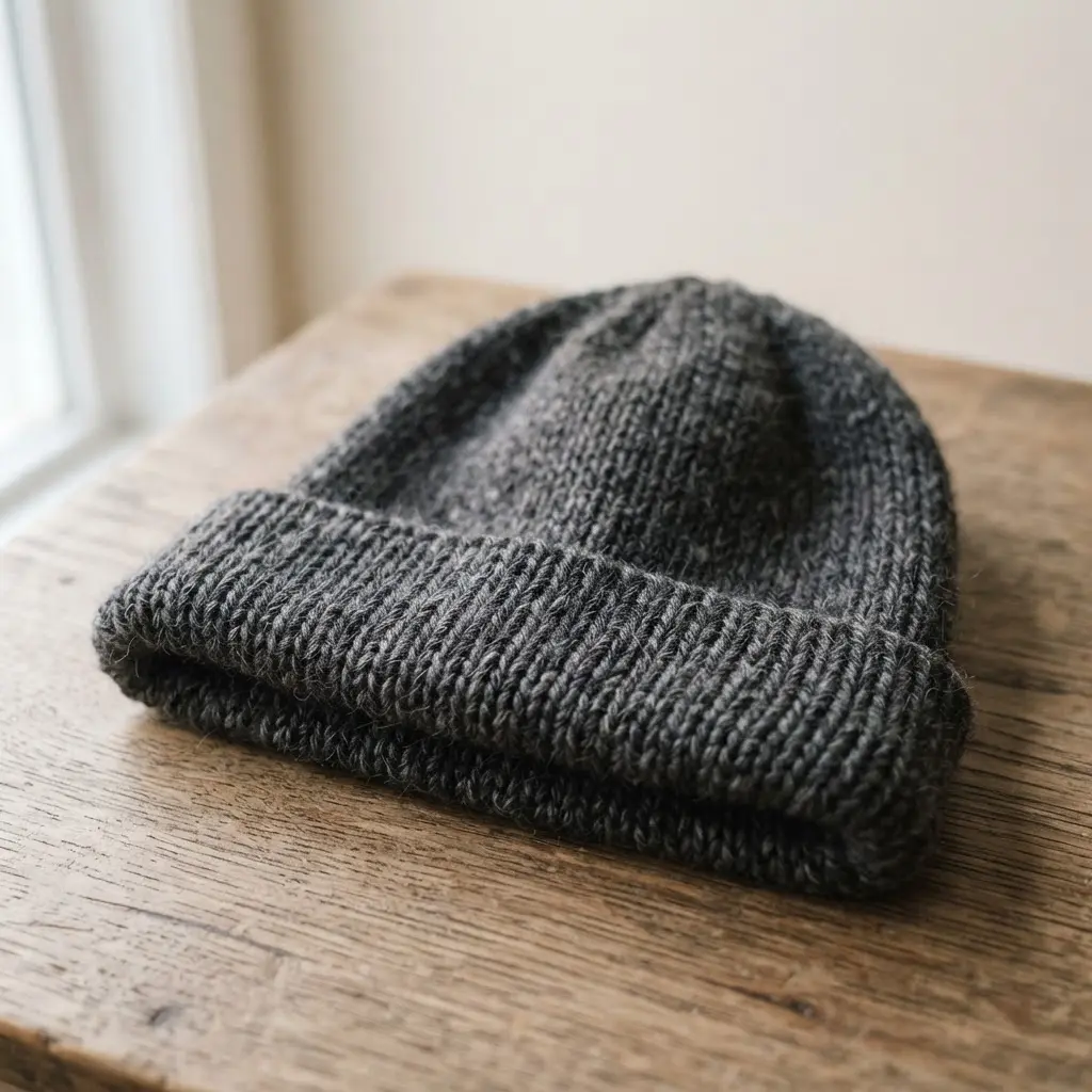 A minimalist charcoal gray beanie in smooth stockinette stitch with a wide, folded brim.