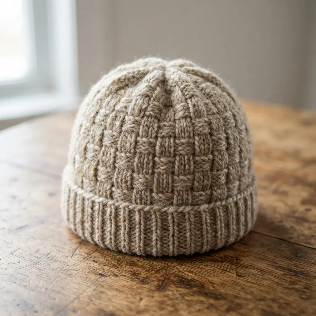 A knitted hat with a raised basketweave texture mimicking woven fabric in a warm oatmeal-colored yarn.