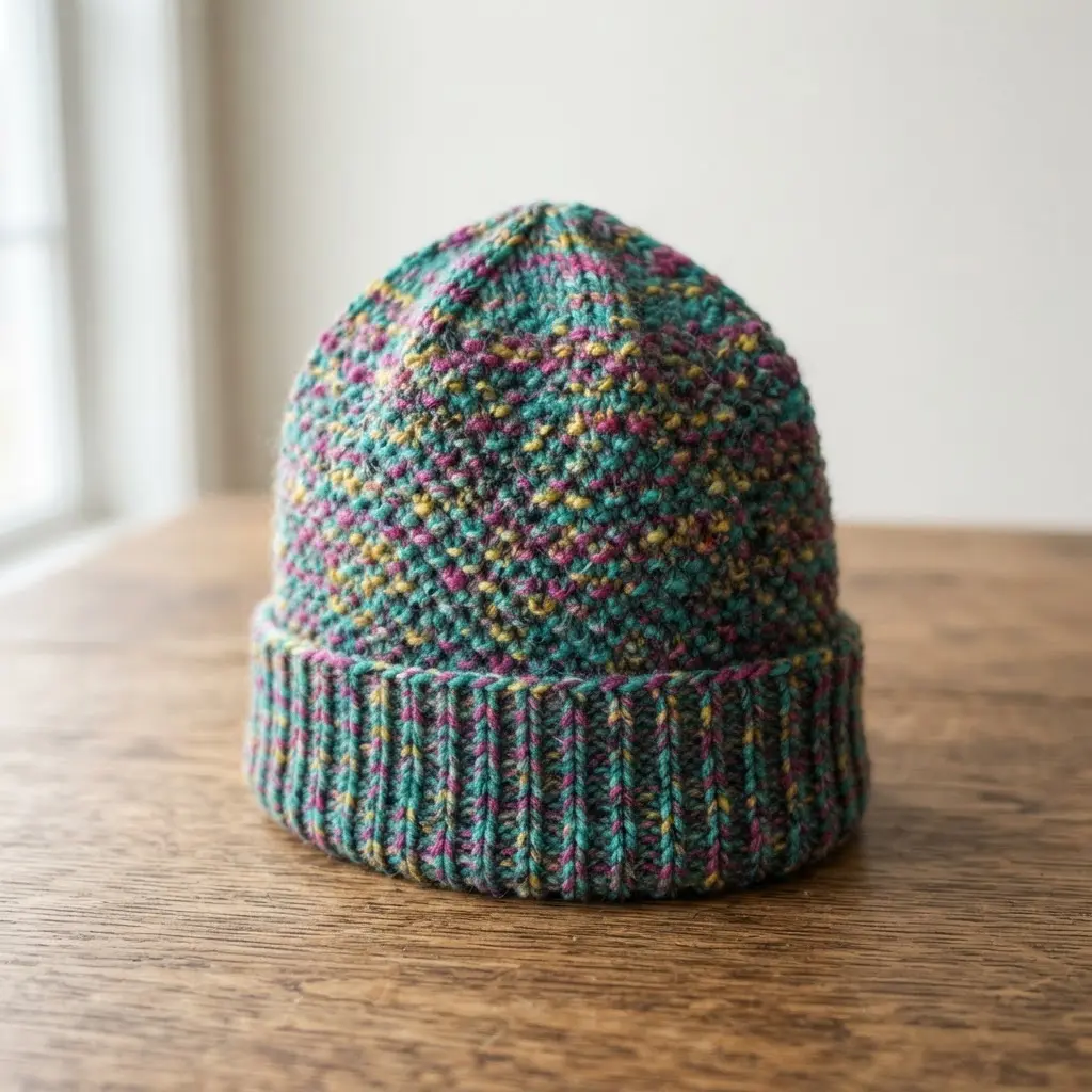 A beanie with an all-over seed stitch texture in a multi-colored, speckled hand-dyed yarn.