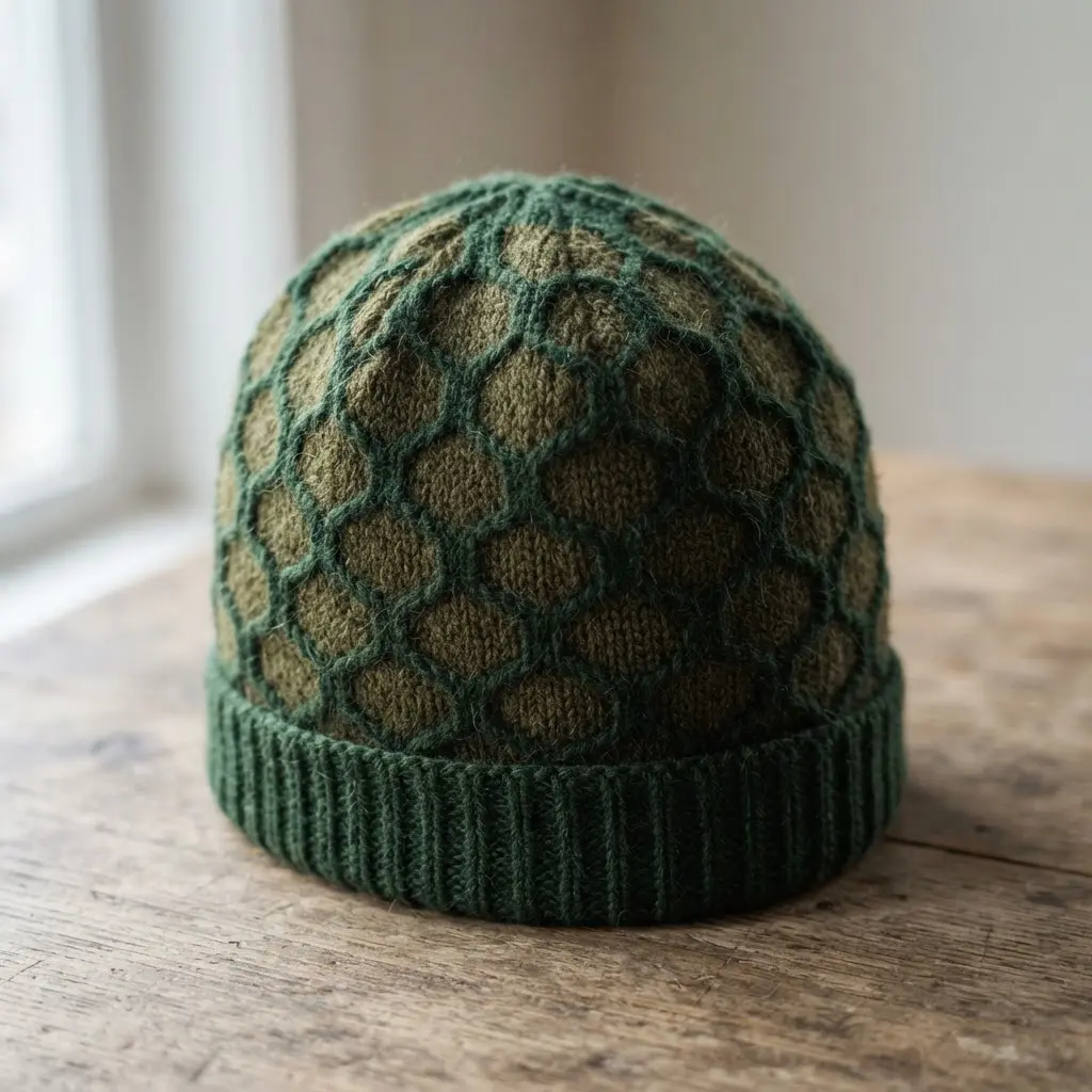 A knitted hat displaying a precise honeycomb pattern created using slip stitch techniques in two tones of green.