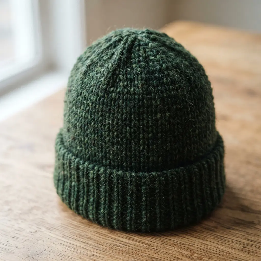 A thick, forest green beanie with a firm, woven-like fabric achieved with the linen stitch.