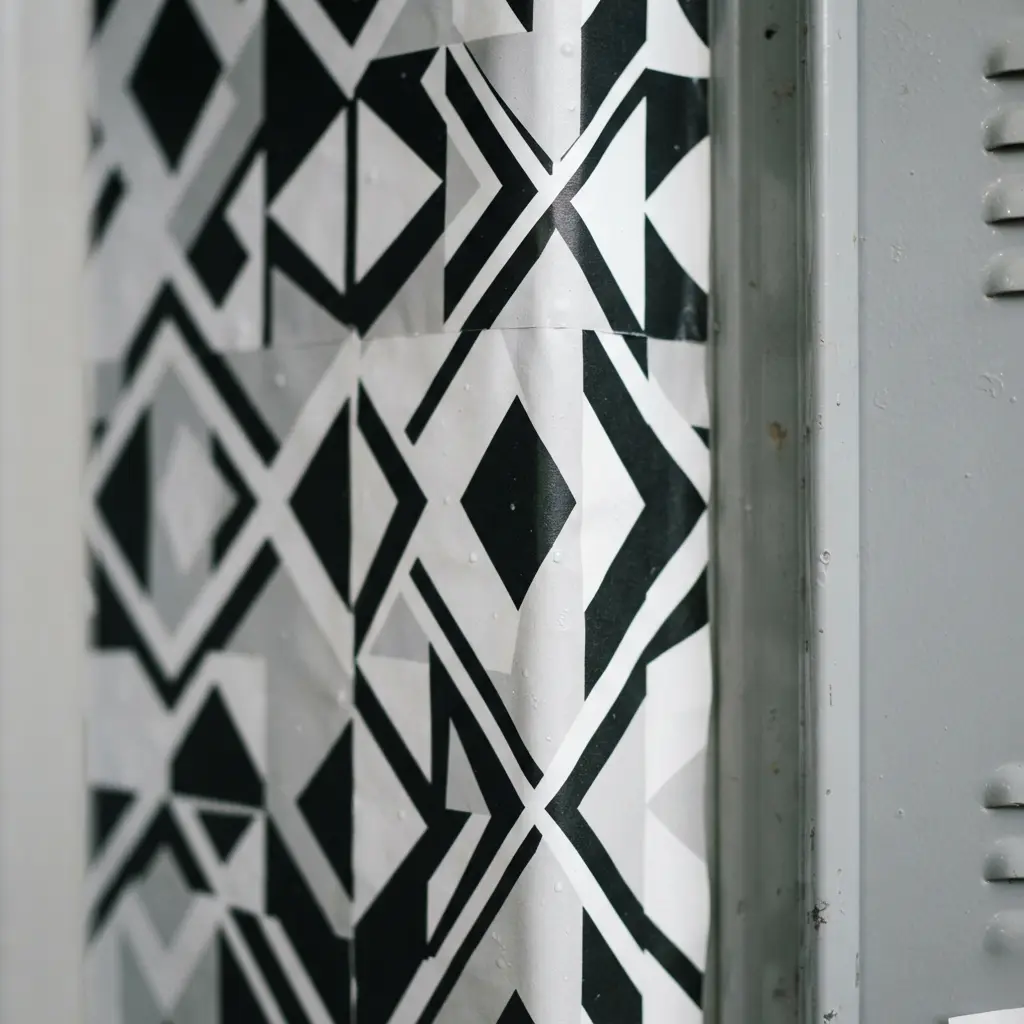A school locker interior with a black and white geometric pattern contact paper background.