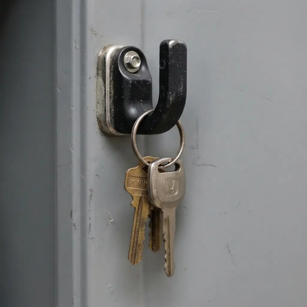 A sturdy black magnetic hook holding a set of keys on a locker door.