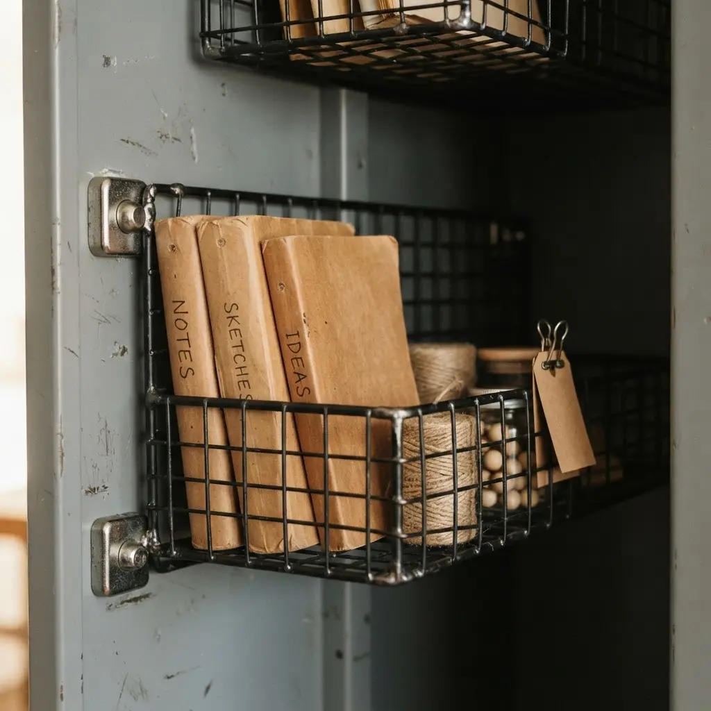 A white magnetic wire shelf installed inside a gray metal school locker.