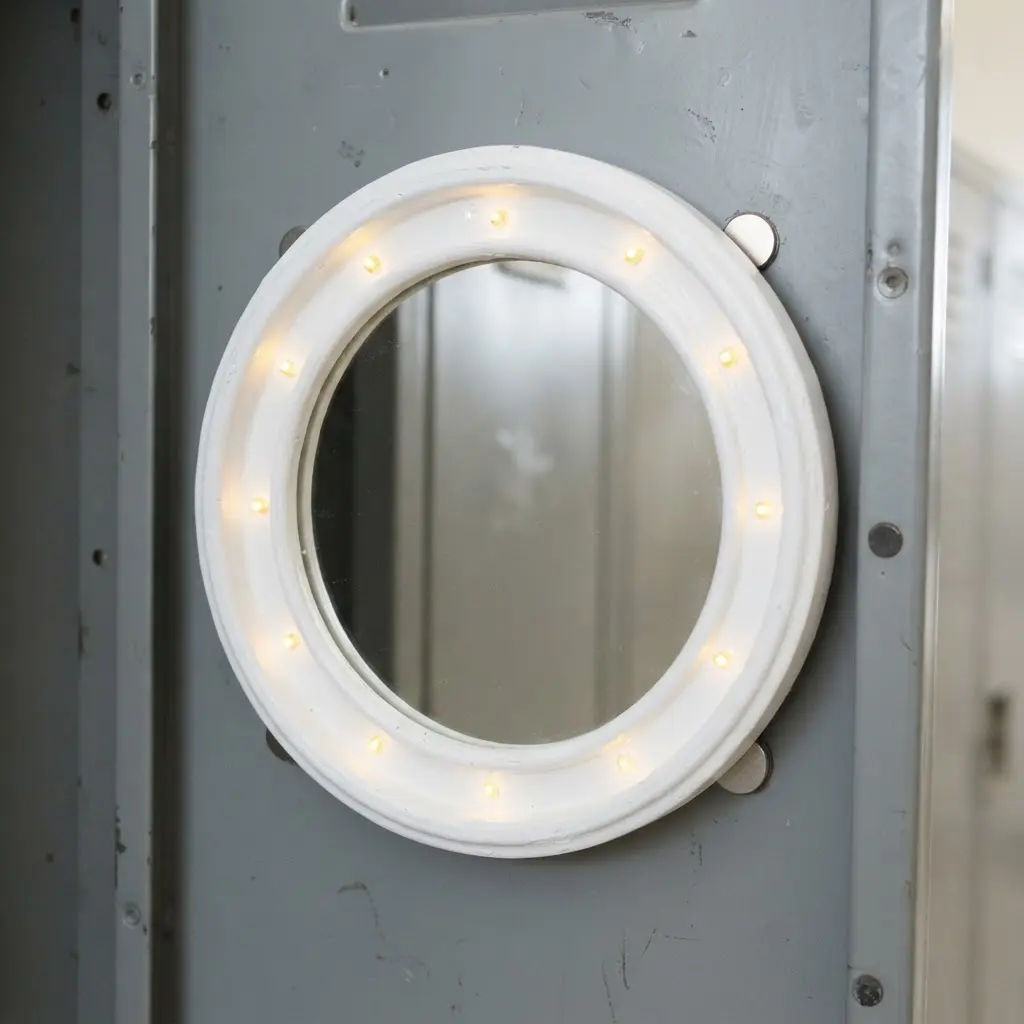 A round vanity mirror with a white frame and LED lights mounted on a locker door.