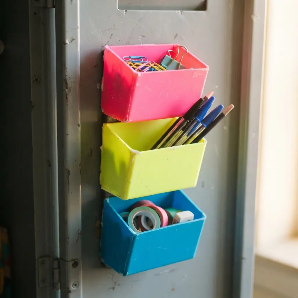 Bright pink and yellow magnetic storage bins holding pens and small items on a locker interior.