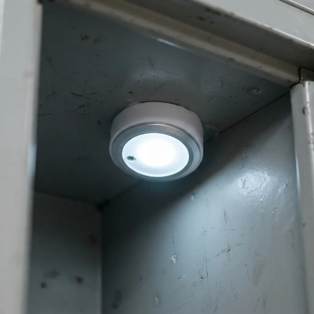 Two battery-operated puck lights providing warm white light on a locker shelf.