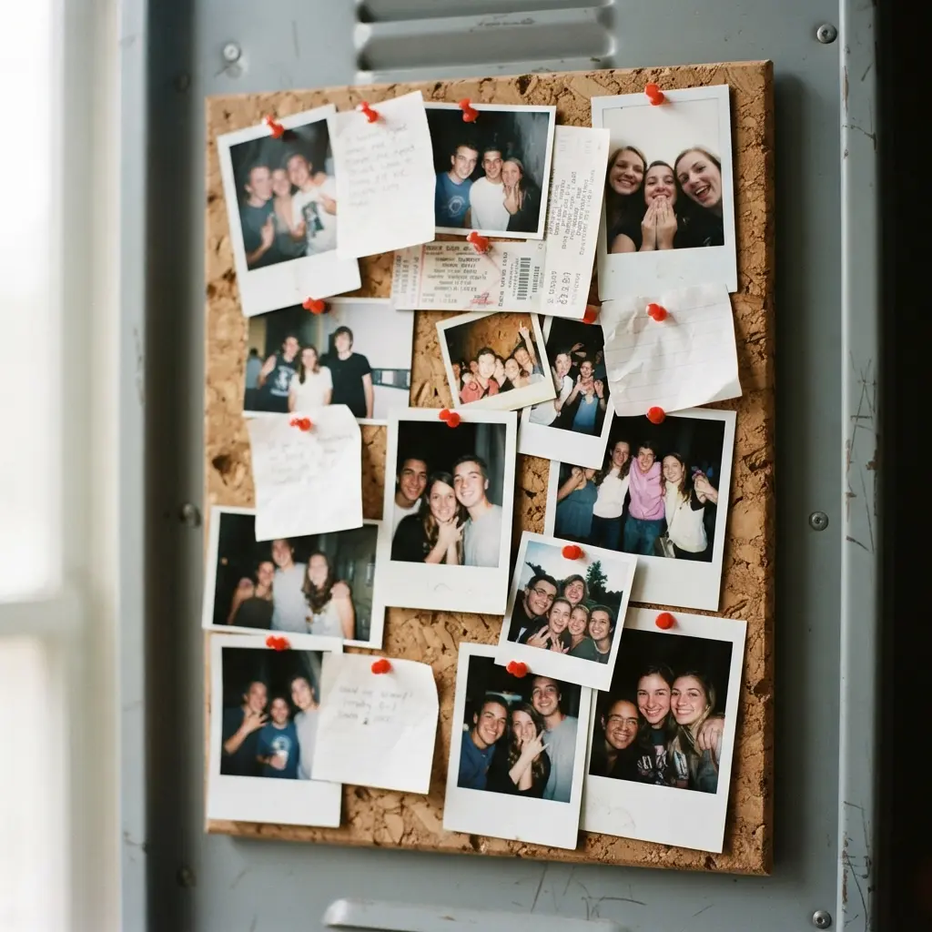 A magnetic corkboard panel with pinned photos, tickets, and small mementos.
