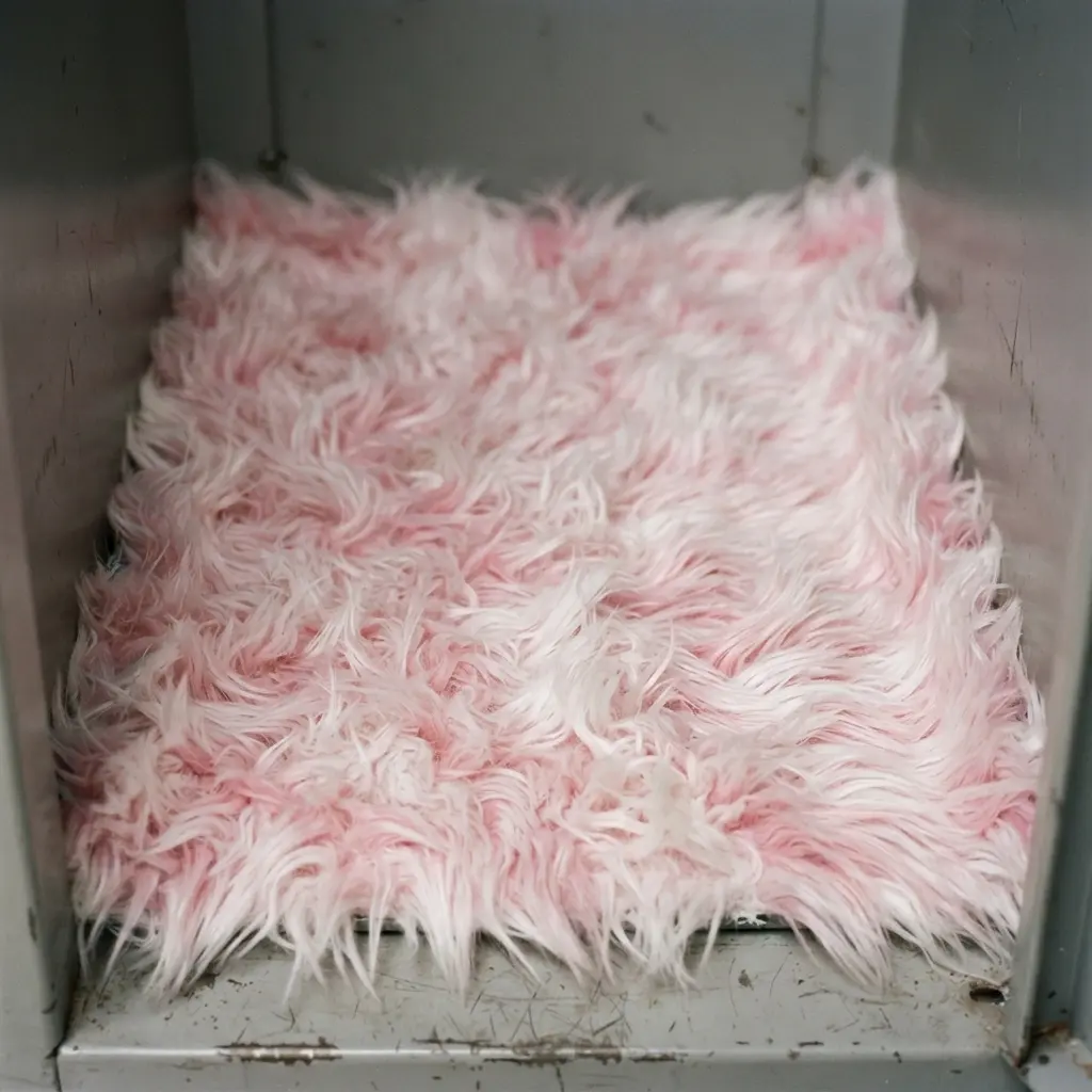A light pink, high-pile faux fur rug cut to fit the floor of a school locker.