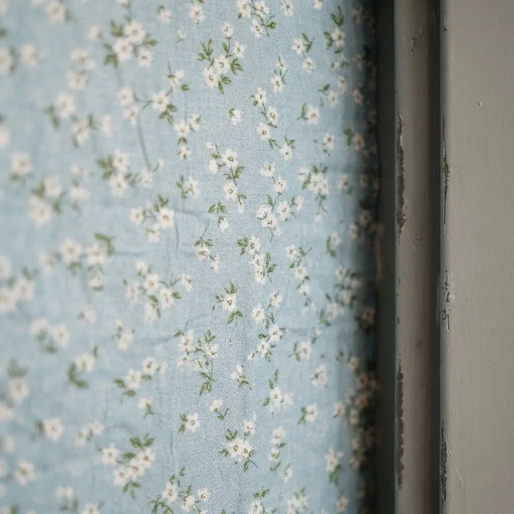 A locker interior covered in a self-adhesive fabric with a small blue floral pattern.