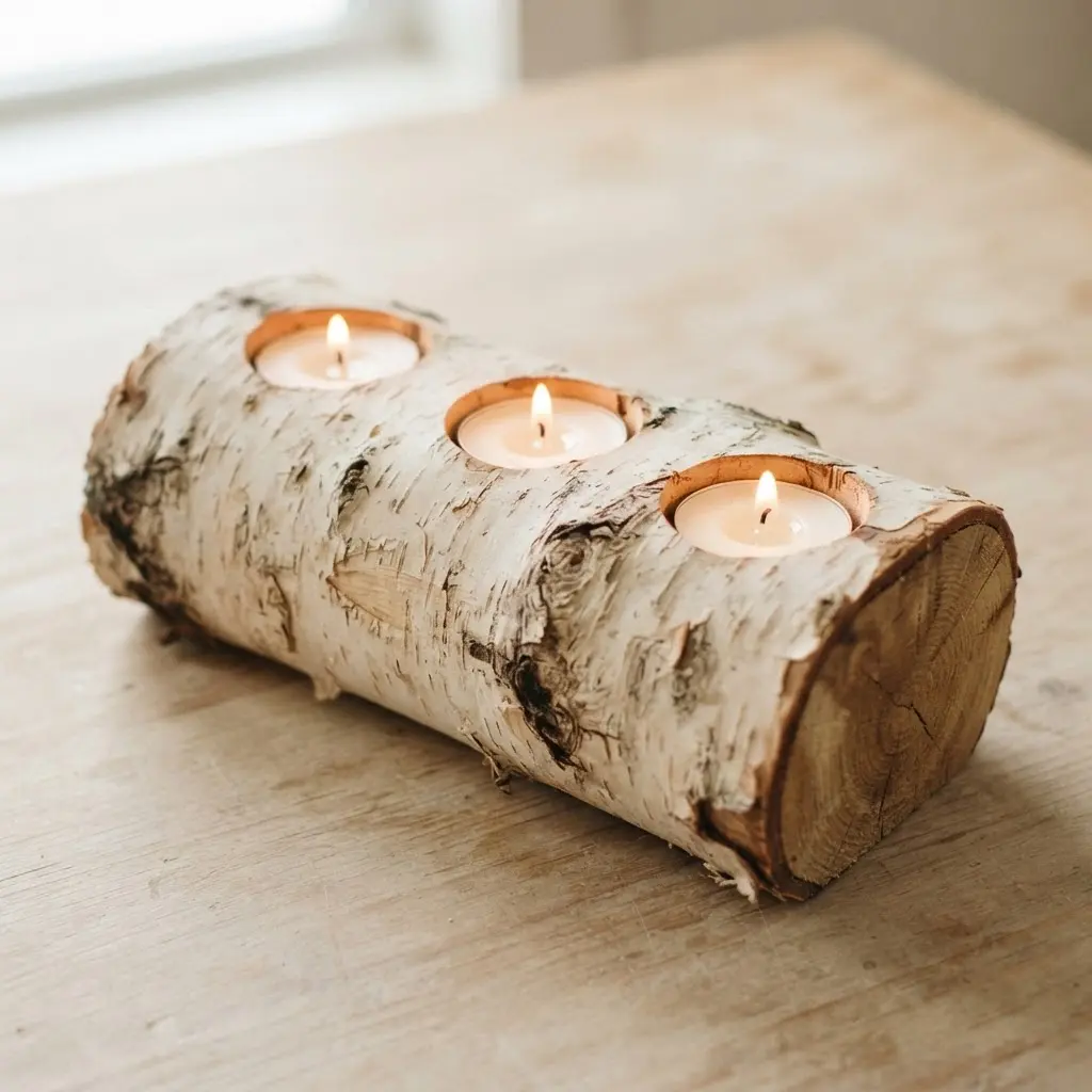 A raw birch log with three drilled holes for votive candles, featuring contrasting white bark and rough wood texture.