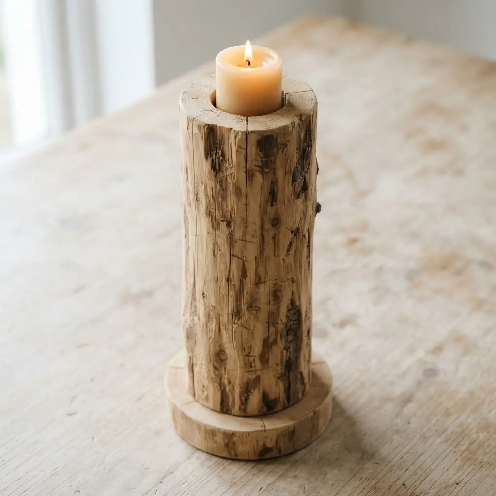 A tall, narrow timber log secured vertically to a base, with a deep hole at the top holding a pillar candle, creating a floating illusion.