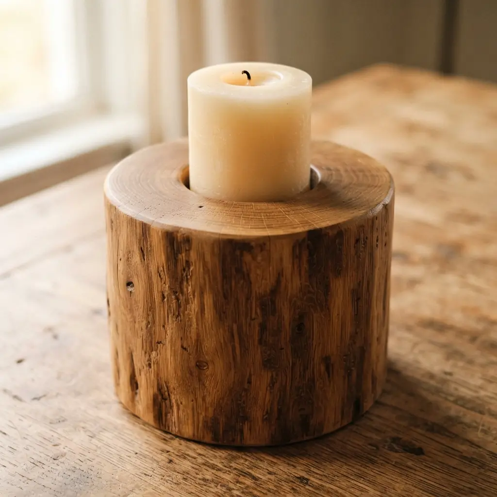 A reclaimed oak log with a smooth, sanded surface and a deep, centered hole for a large pillar candle.